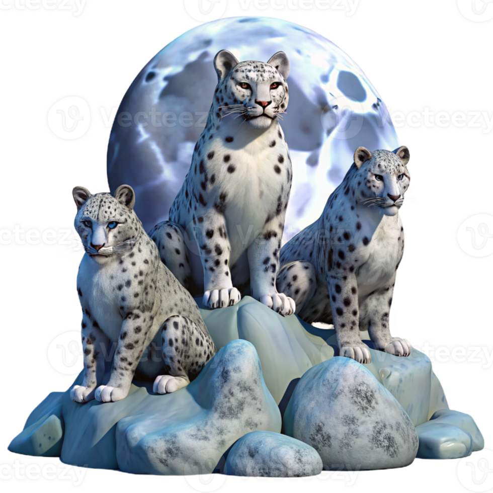 extraordinary classic Three Majestic Snow Leopards Perched on 4K png