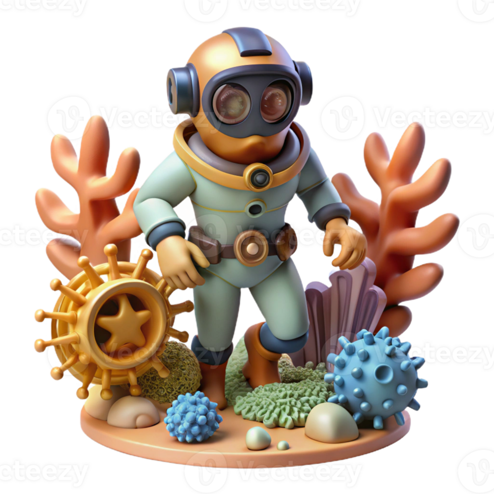 elegant rustic A Steampunk Diver Exploring a Coral detailed png