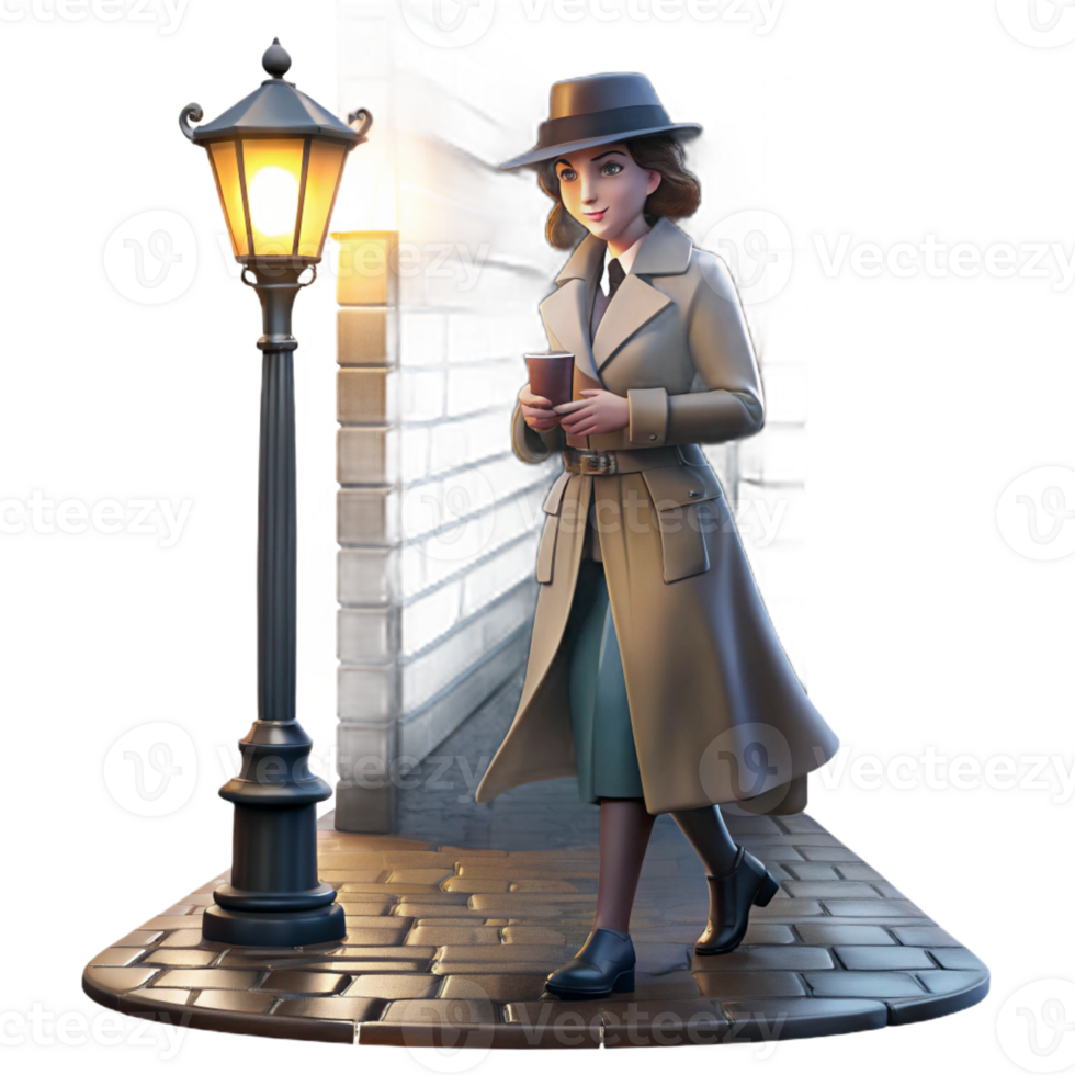 elegant abstract A Lone Woman in a Trench Coat and Fedora genuine png