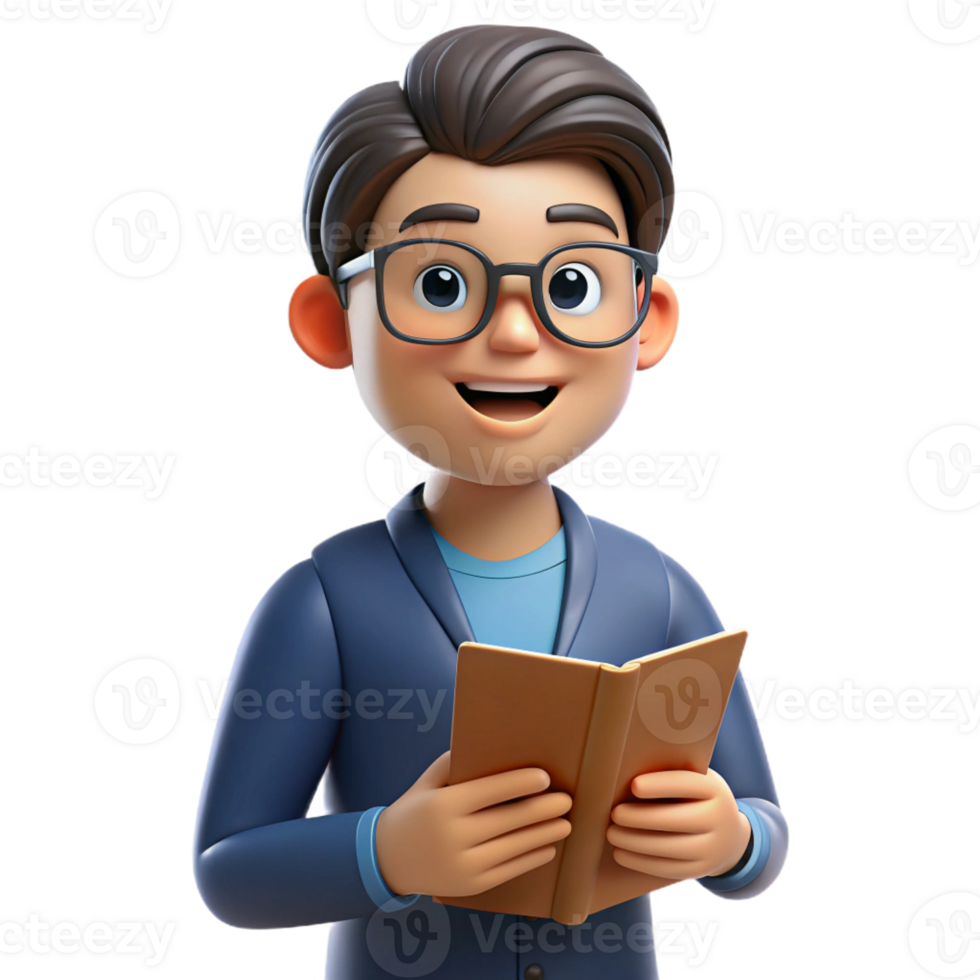 hypnotic unforgettable Nerd with glasses, holding book, with Transparent Background png