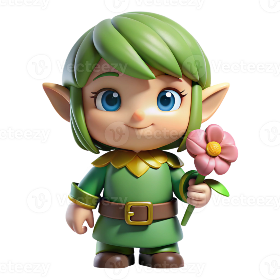 hypnotic playful creative A chibi elf, holding a flower with Transparent Background flawless png