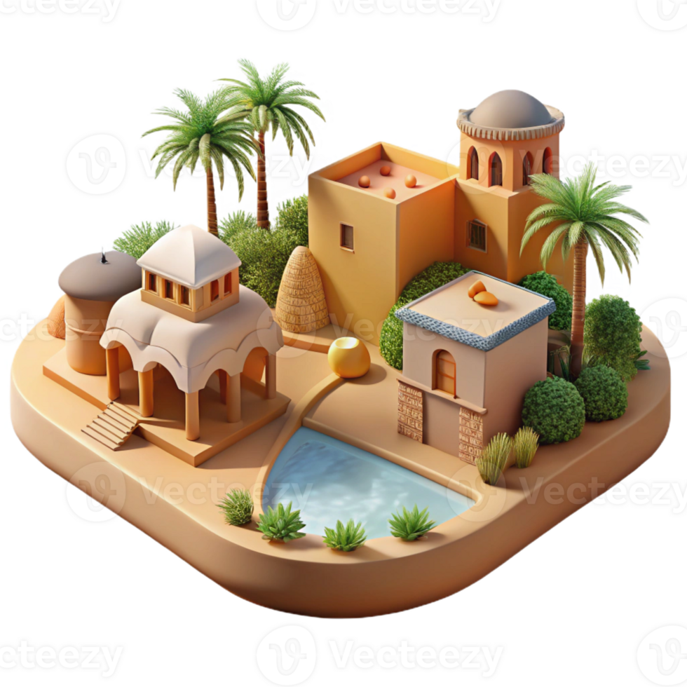 stunning modern Desert Oasis Village Adobe Buildings Palm detailed png