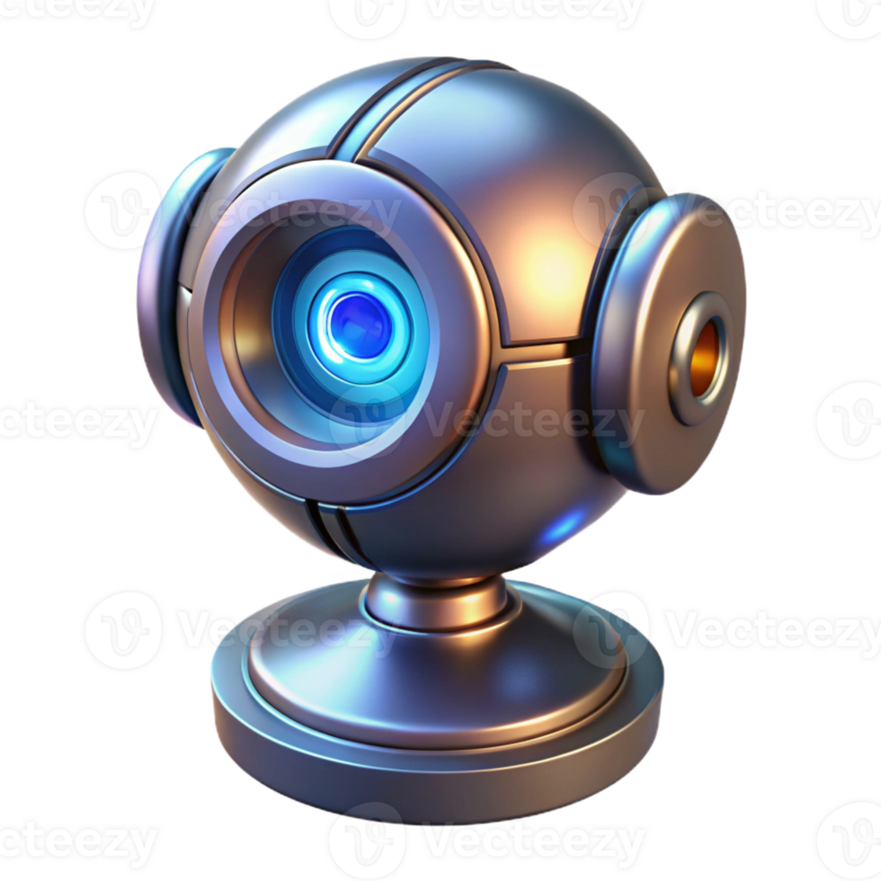 radiant intense victorian Futuristic security camera with glowing lens and rotating housing with Transparent Background precision png