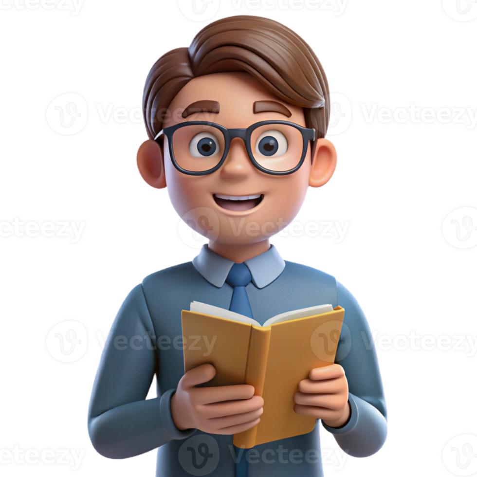exemplary rustic Nerd with glasses, holding book, with Transparent Background professional png