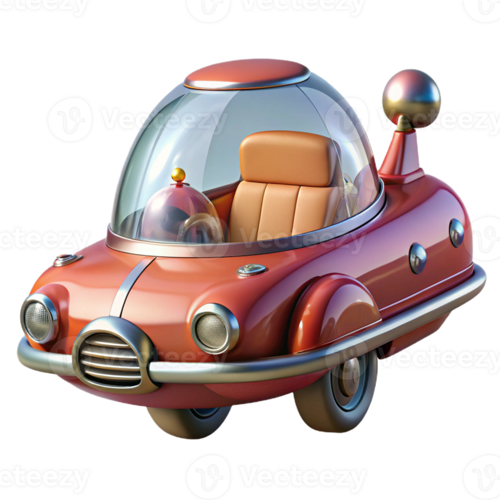 pristine signature Ultra-detailed professional render of a retro-futuristic flying car with fins and bubble canopy, isolated cutout with Transparent Background png