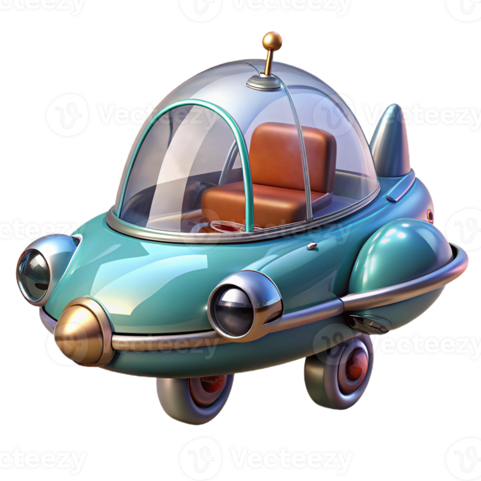 harmonious alluring Ultra-detailed professional render of a retro-futuristic flying car with fins and bubble canopy, isolated cutout with Transparent Background flawless png