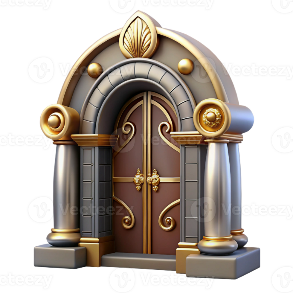 acclaimed retro Art Deco doorway, ornate carvings, brass hardware with Transparent Background 4K png