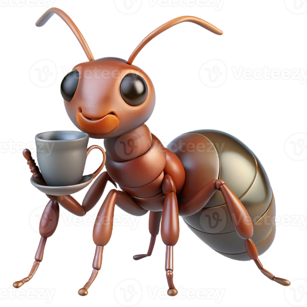 breathtaking harmonious futuristic Ultra-detailed, hyper-specific, photorealistic render of a single, giant ant holding a miniature teacup with Transparent Background authentic png
