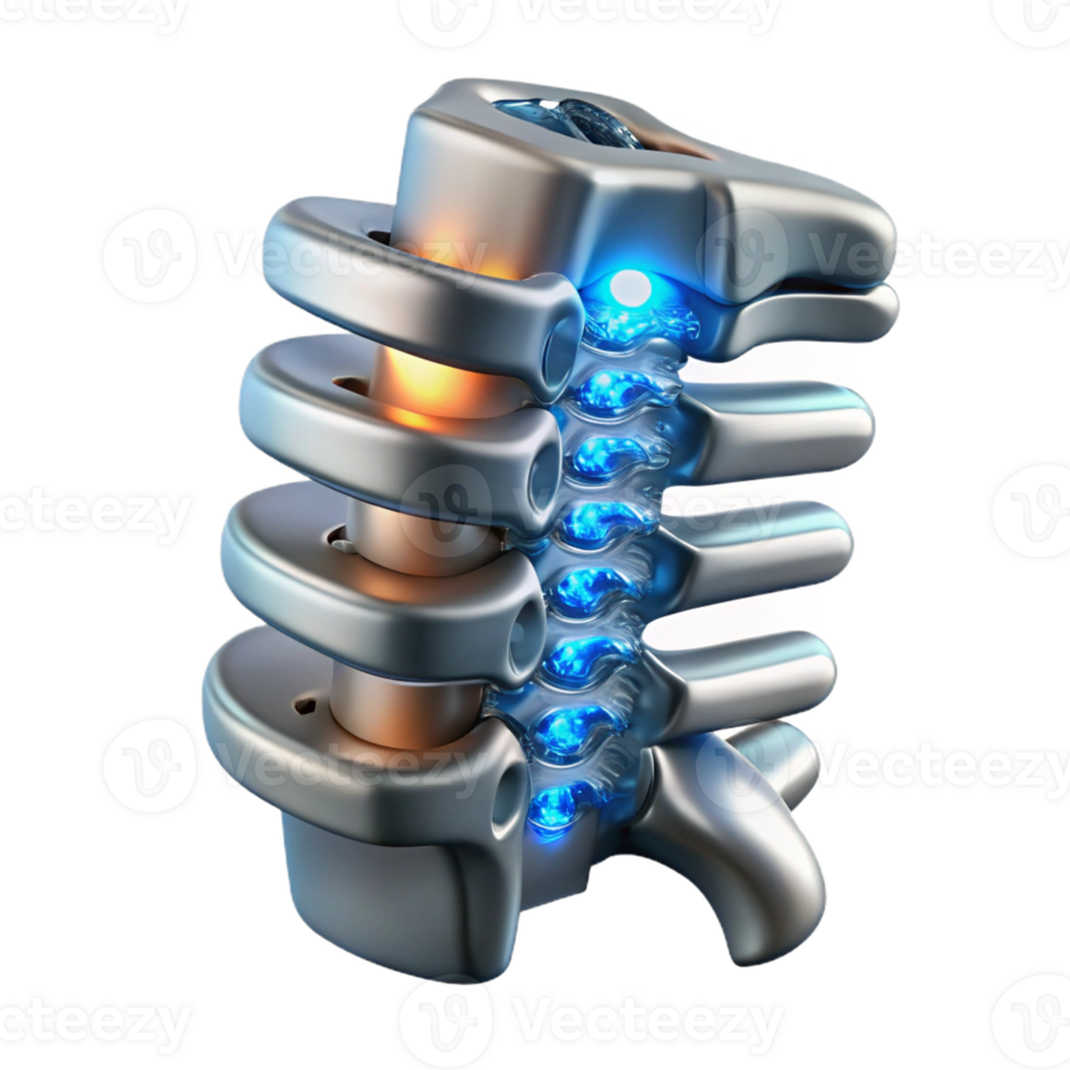 captivating timeless Cybernetic spine implant, metallic vertebrae, glowing circuitry with Transparent Background png