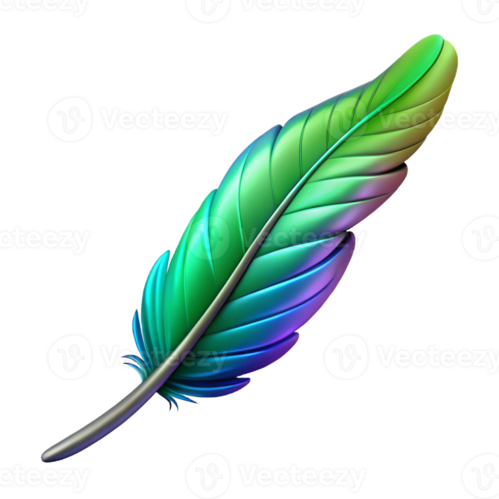 celebrated bohemian Photorealistic, isolated cutout of a single hyper-specific hummingbird feather, iridescent green and blue with Transparent Background handcrafted png