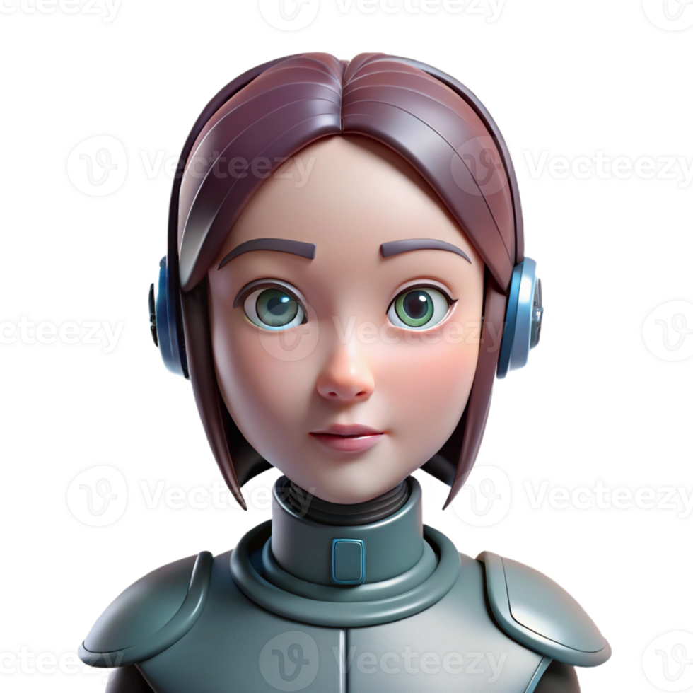 glorious timeless Robot head, female android, realistic skin with Transparent Background png