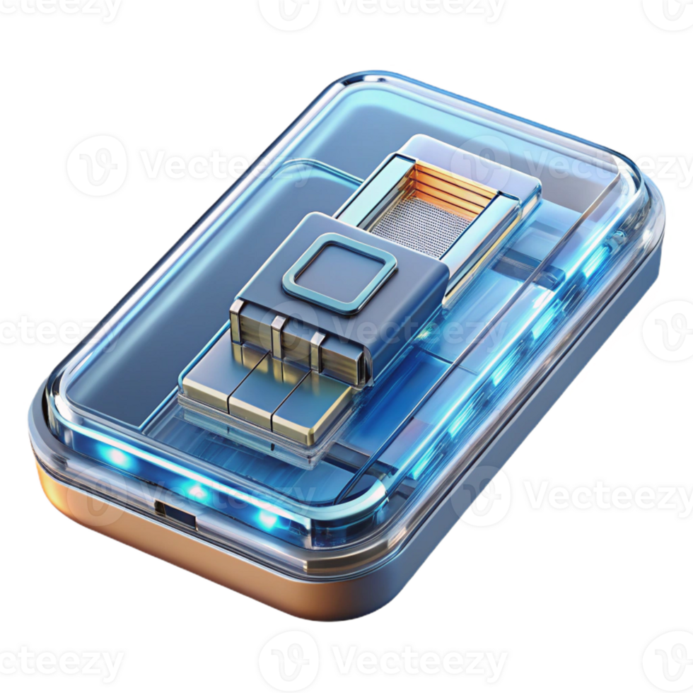 acclaimed baroque Professional render, isolated cutout of a single, futuristic, transparent smartphone with visible internal circuitry Ultra-detailed with Transparent Background fine detail png