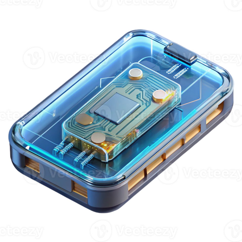 elegant exemplary Professional render, isolated cutout of a single, futuristic, transparent smartphone with visible internal circuitry Ultra-detailed with Transparent Background png