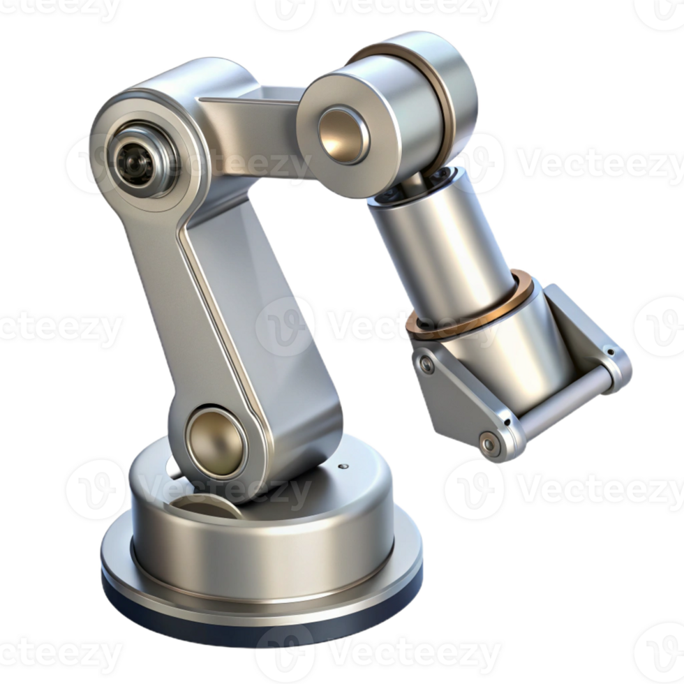 rare impressionist Photorealistic, ultra-detailed, isolated cutout of a single, polished chrome robotic arm, hyper-specific joints and wiring visible with Transparent Background flawless png