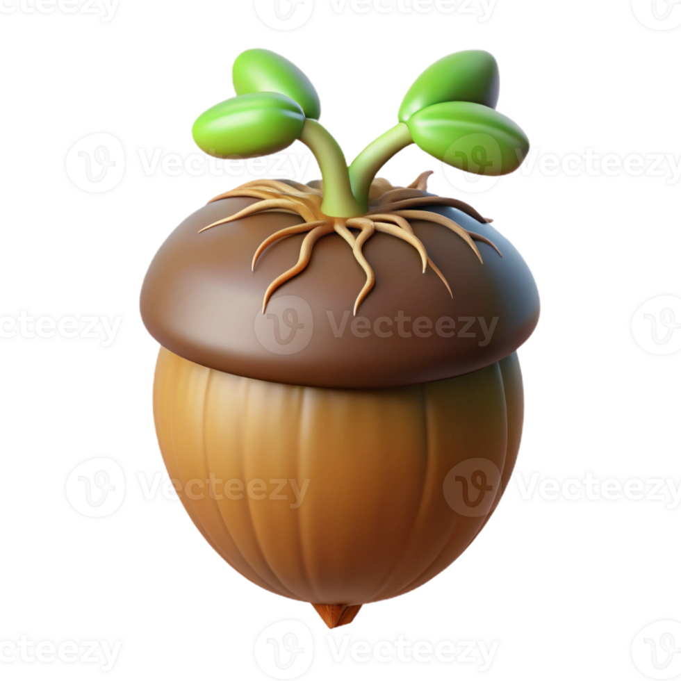 glorious inspired Concept art style, ultra-detailed, hyper-specific isolated cutout of a single sprouting acorn with visible root with Transparent Background png