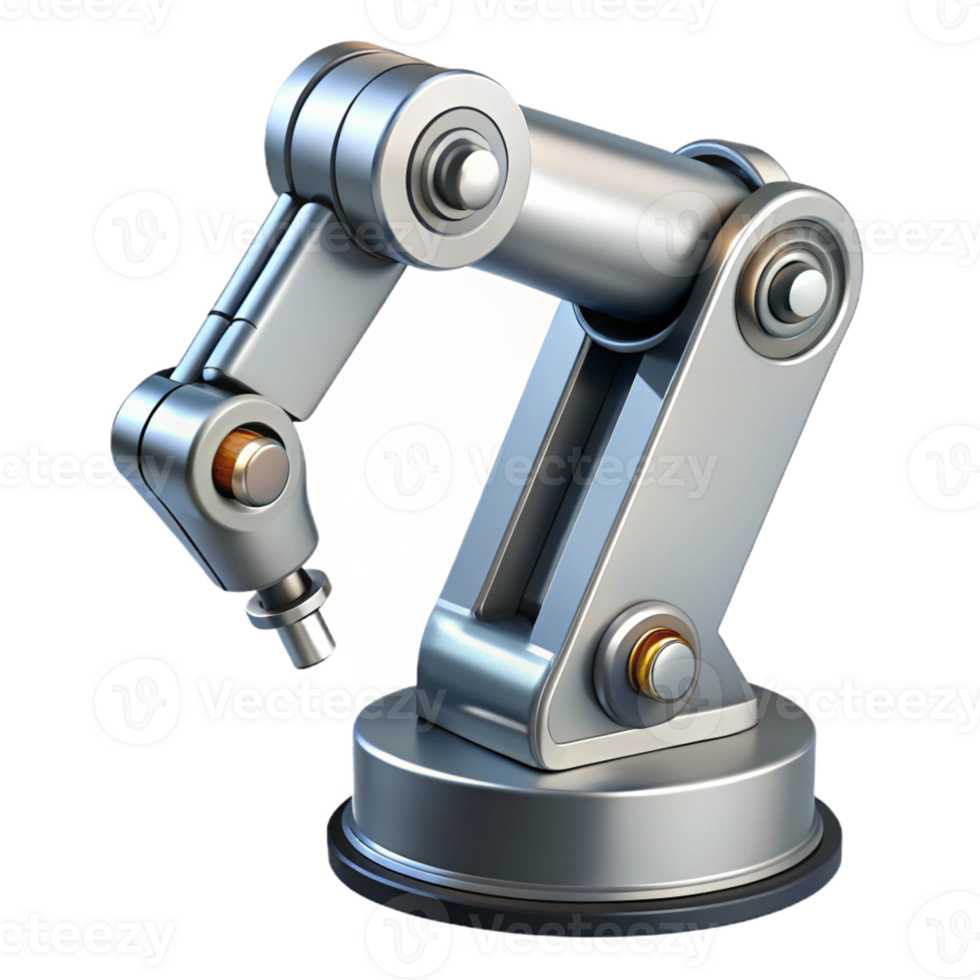 coveted surreal Photorealistic, ultra-detailed, isolated cutout of a single, polished chrome robotic arm, hyper-specific joints and wiring visible with Transparent Background fine detail png