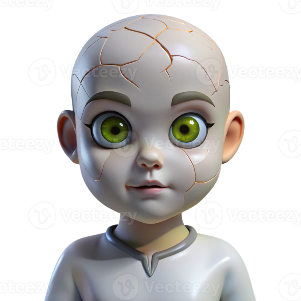 memorable artistic Isolated cutout of a photorealistic, hyper-specific porcelain doll with cracked skin and glowing eyes with Transparent Background authentic png