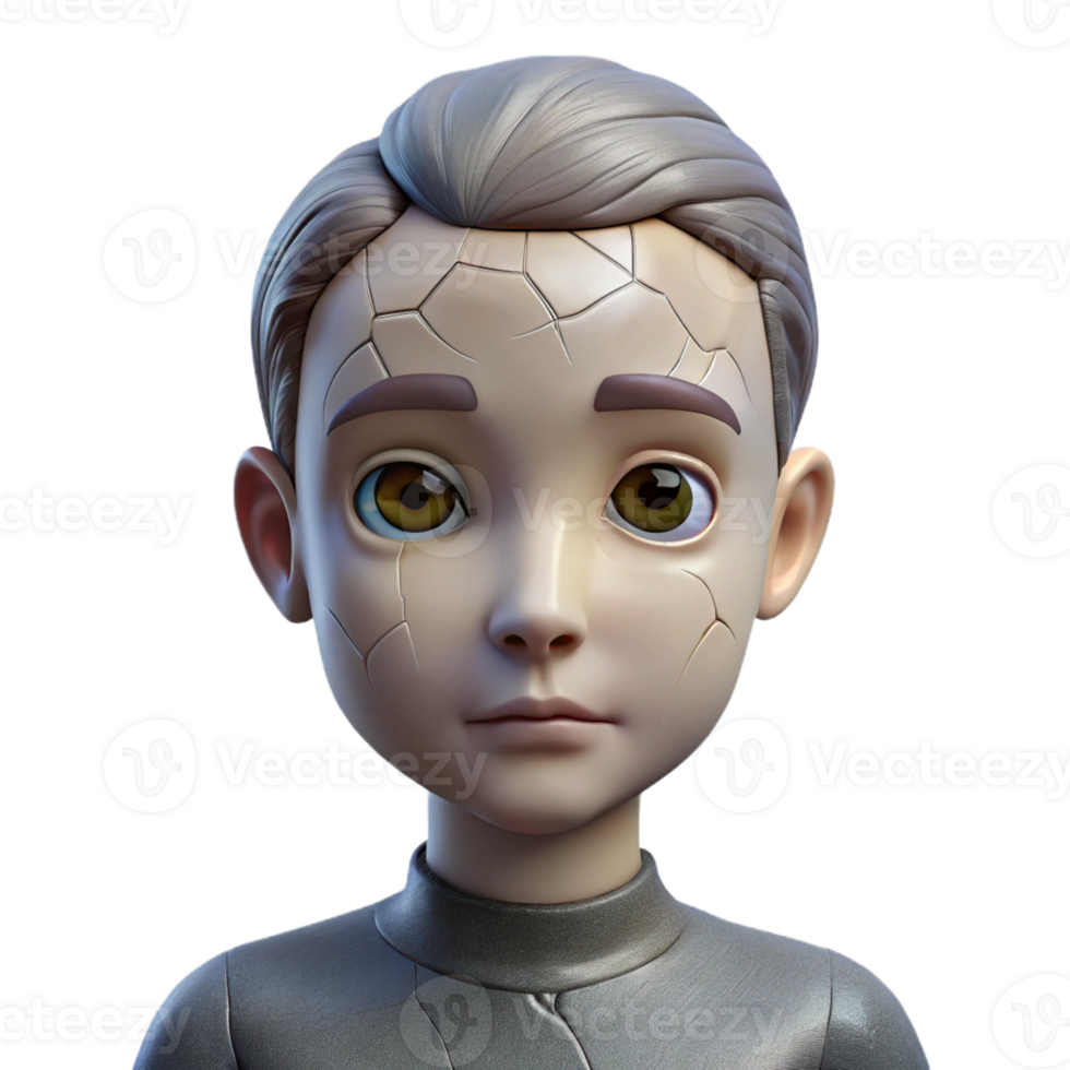 nostalgic serene Isolated cutout of a photorealistic, hyper-specific porcelain doll with cracked skin and glowing eyes with Transparent Background museum quality png
