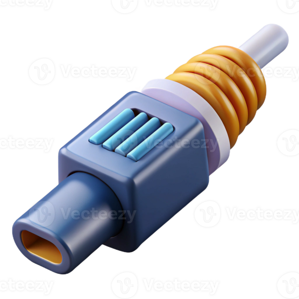 dazzling celebrated Ultra-detailed, photorealistic professional render of a single, isolated fiber optic cable connector, isolated cutout with Transparent Background png
