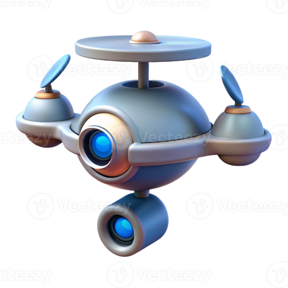 radiant celebrated Isolated cutout, concept art style render of a single, levitating, futuristic security camera drone Hyper-specific design with Transparent Background png