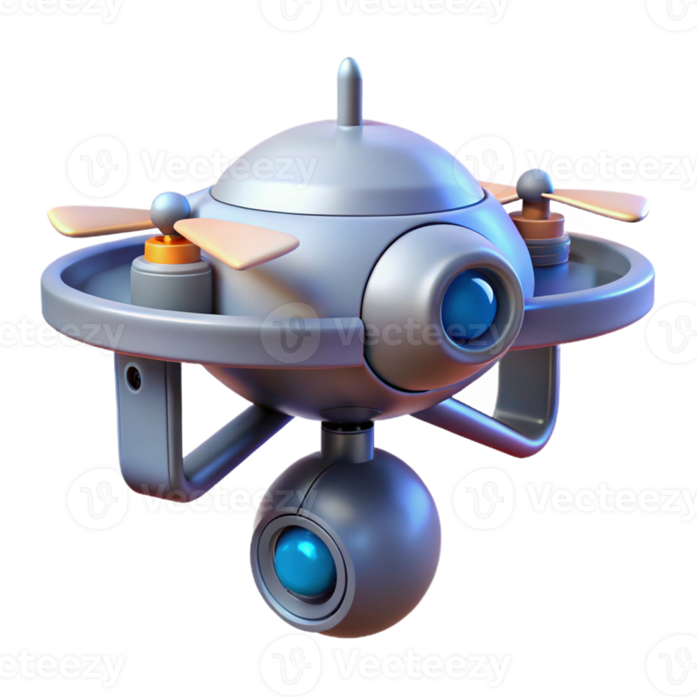 fascinating signature Isolated cutout, concept art style render of a single, levitating, futuristic security camera drone Hyper-specific design with Transparent Background png