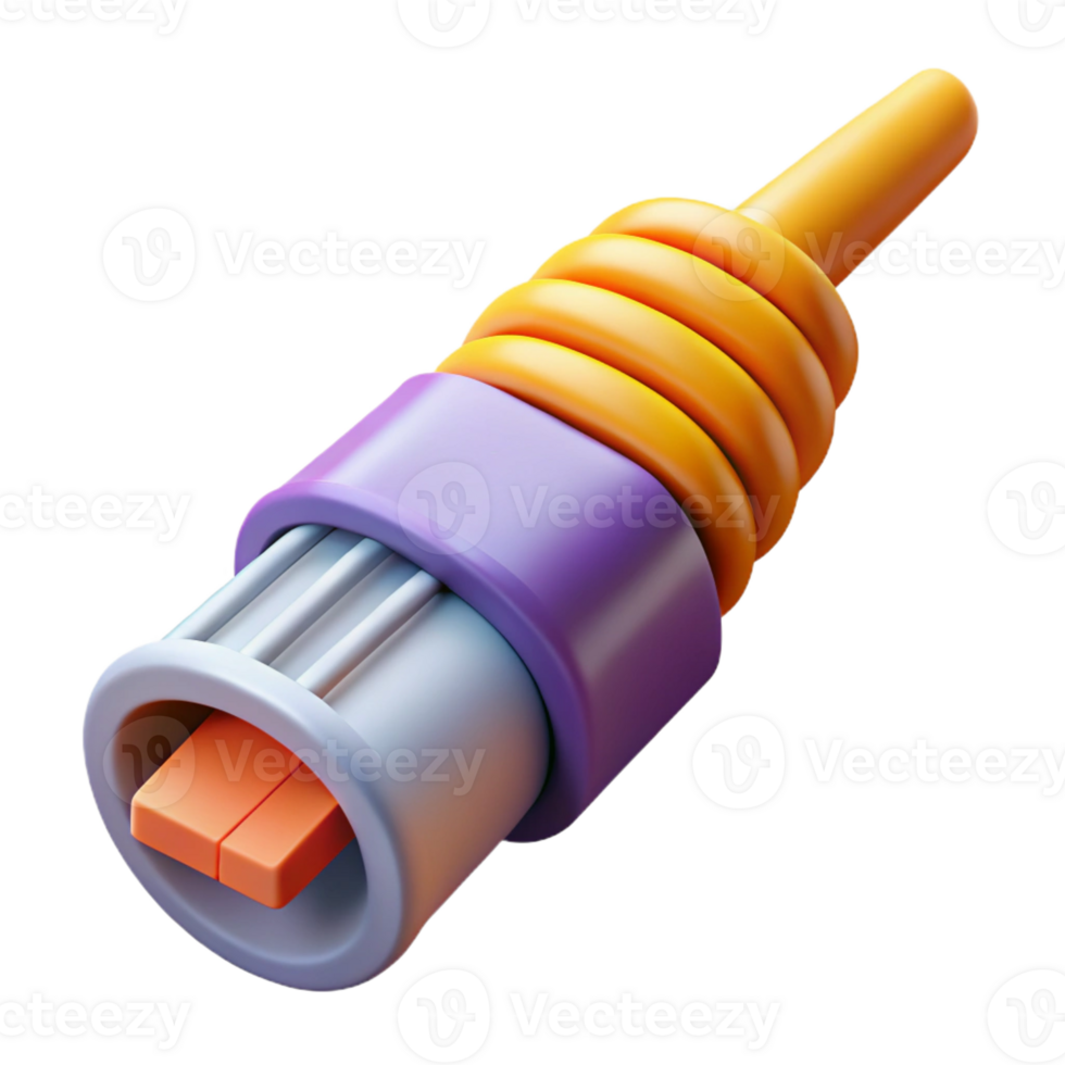 radiant distinctive Photorealistic, hyper-specific render of a single, intricate fiber optic cable connector, isolated cutout Ultra-detailed with Transparent Background png