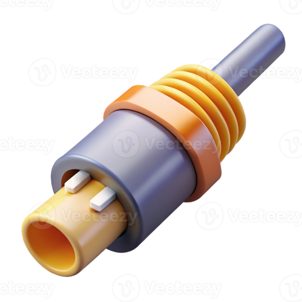 wonderful nordic Photorealistic, hyper-specific render of a single, intricate fiber optic cable connector, isolated cutout Ultra-detailed with Transparent Background high quality png