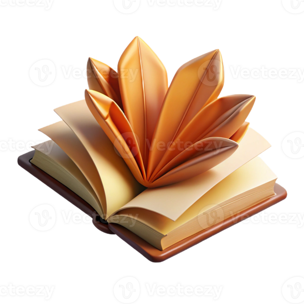 joyful enchanting Hyper-specific, photorealistic render of a single, open book with pages made of dried leaves with Transparent Background perfect clarity png