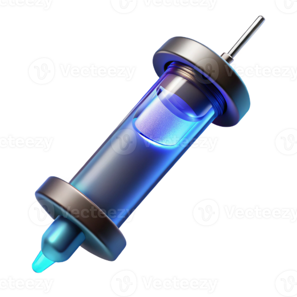 iconic minimalist Advanced medical syringe, glowing liquid, digital display with Transparent Background ultra HD png