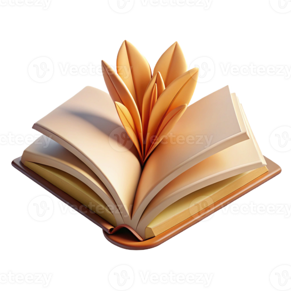 breathtaking whimsical mid-century Hyper-specific, photorealistic render of a single, open book with pages made of dried leaves with Transparent Background 4K png
