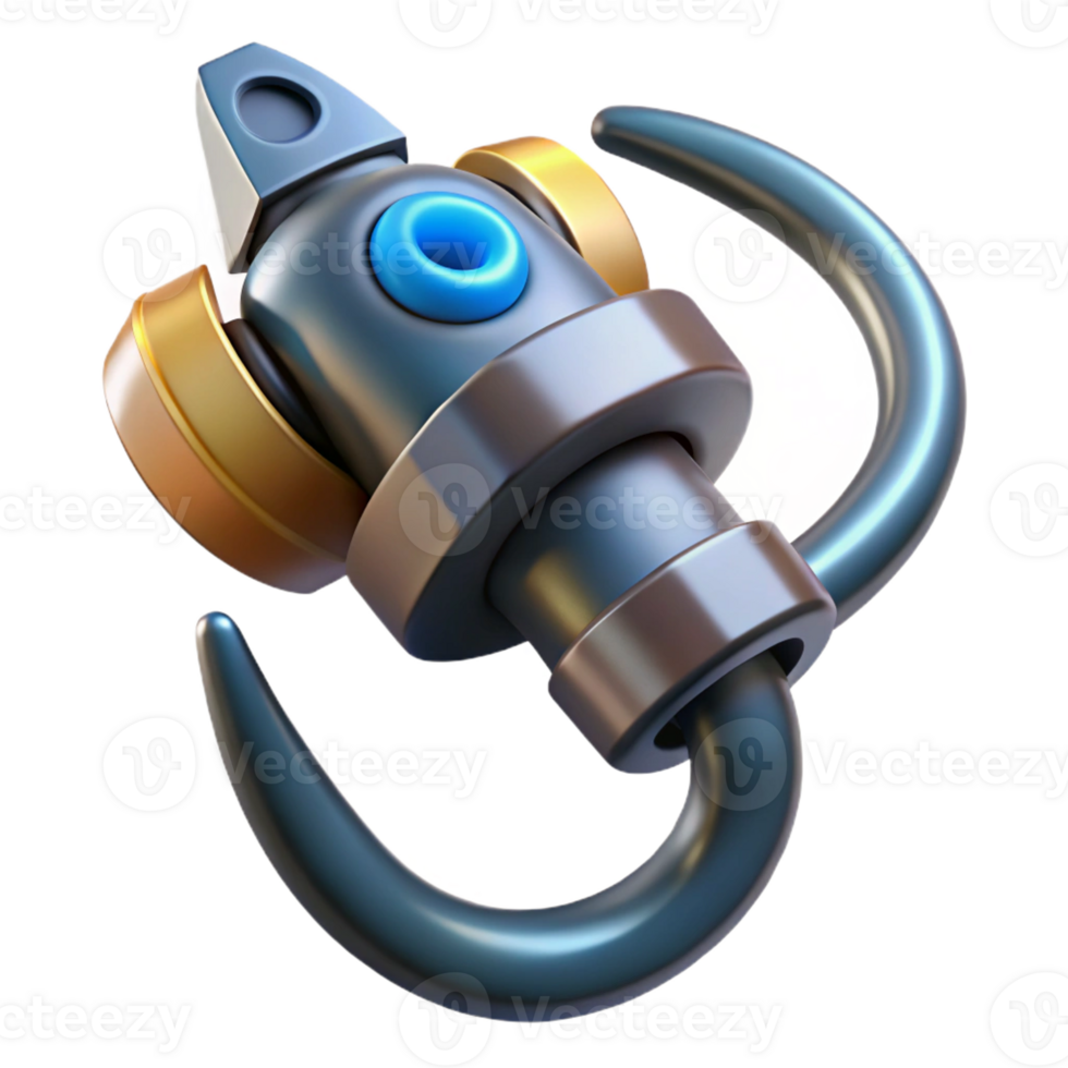dramatic unparalleled Ultra-detailed photorealistic professional render, isolated cutout of a futuristic grappling hook with retractable cable, hyper-specific with Transparent Background png