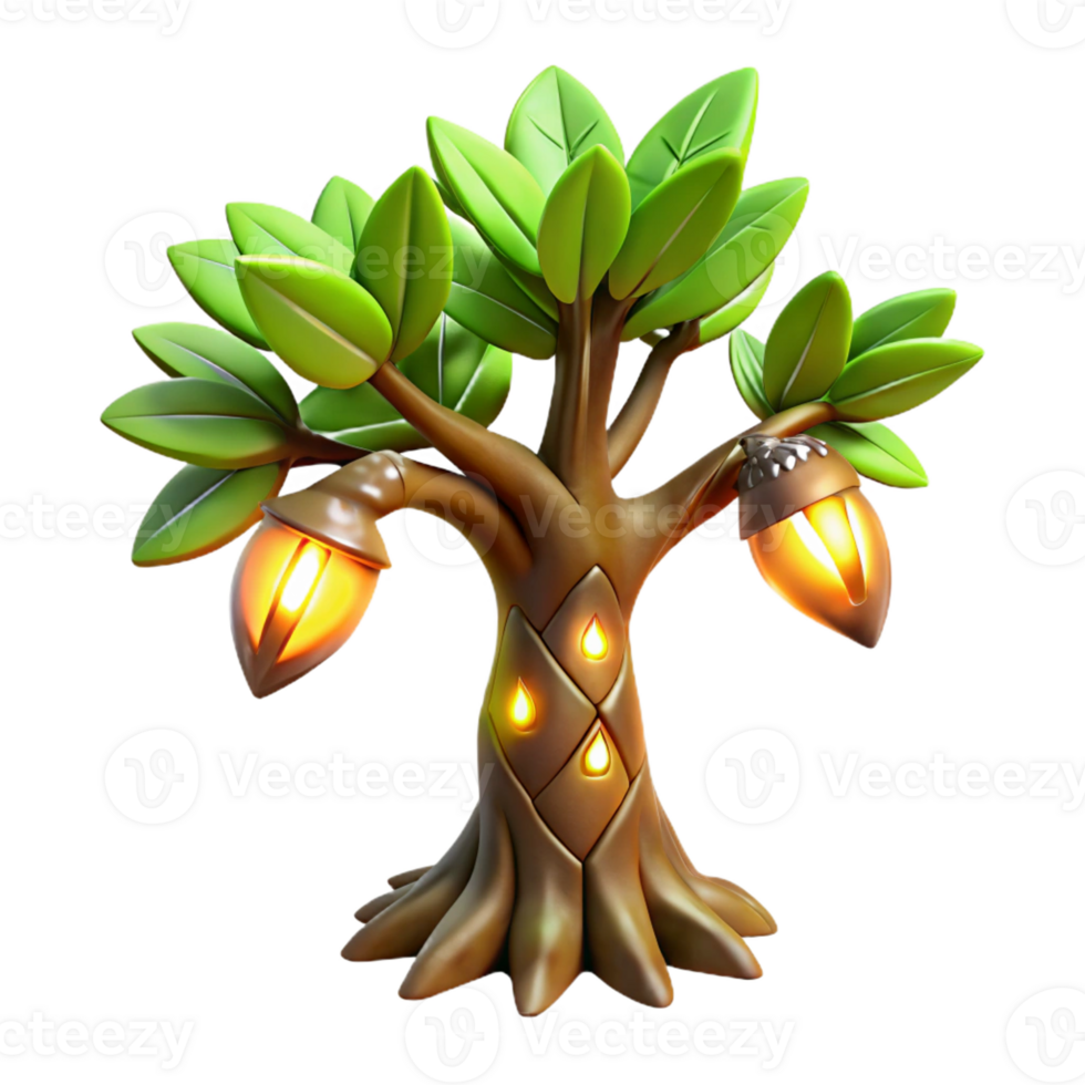 gorgeous unforgettable Bioengineered alien tree sapling, glowing leaves, unusual bark with Transparent Background png