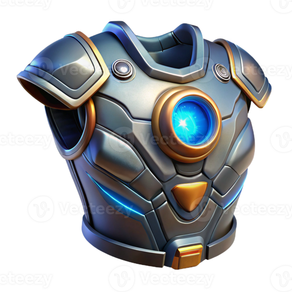enchanting retro Futuristic armor breastplate, glowing energy core, intricate design with Transparent Background genuine png