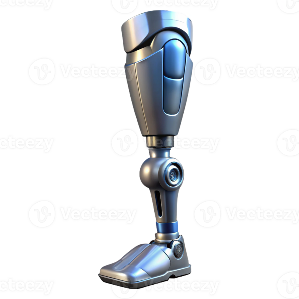 romantic immaculate Cybernetic leg prosthesis, metallic finish, articulated joints with Transparent Background premium png