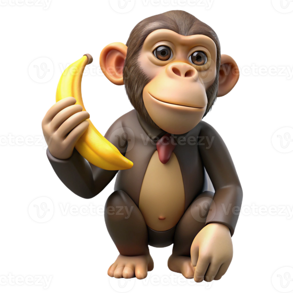 acclaimed coastal Ultra-detailed professional render of a single chimpanzee, holding a banana banana partially visible, isolated cutout, with Transparent Background crisp png