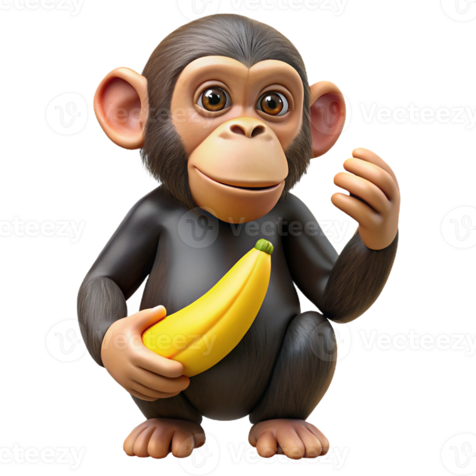 inspired traditional Ultra-detailed professional render of a single chimpanzee, holding a banana banana partially visible, isolated cutout, with Transparent Background museum quality png