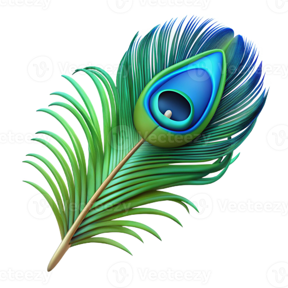 exemplary geometric Photorealistic, hyper-specific, isolated cutout of a single peacock feather, iridescent blue and green Ultra-detailed with Transparent Background perfect clarity png