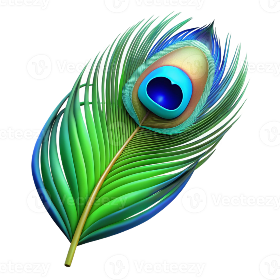 tranquil impressive Photorealistic, hyper-specific, isolated cutout of a single peacock feather, iridescent blue and green Ultra-detailed with Transparent Background ultra HD png