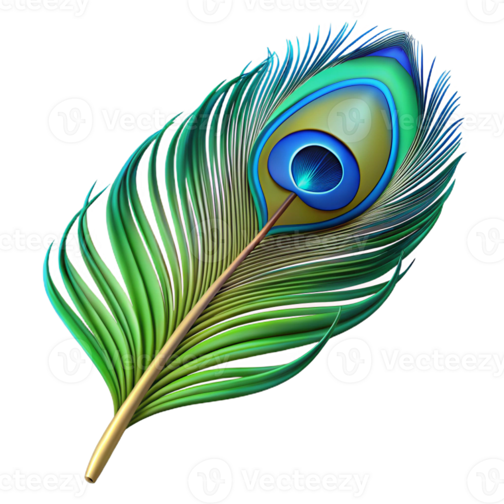 sumptuous celebrated Photorealistic, hyper-specific, isolated cutout of a single peacock feather, iridescent blue and green Ultra-detailed with Transparent Background png