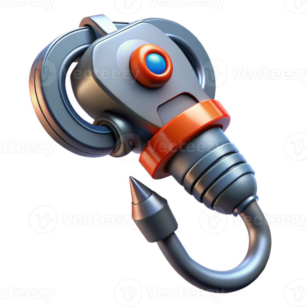 picturesque inspired Ultra-detailed photorealistic professional render, isolated cutout of a futuristic grappling hook with retractable cable, hyper-specific with Transparent Background png