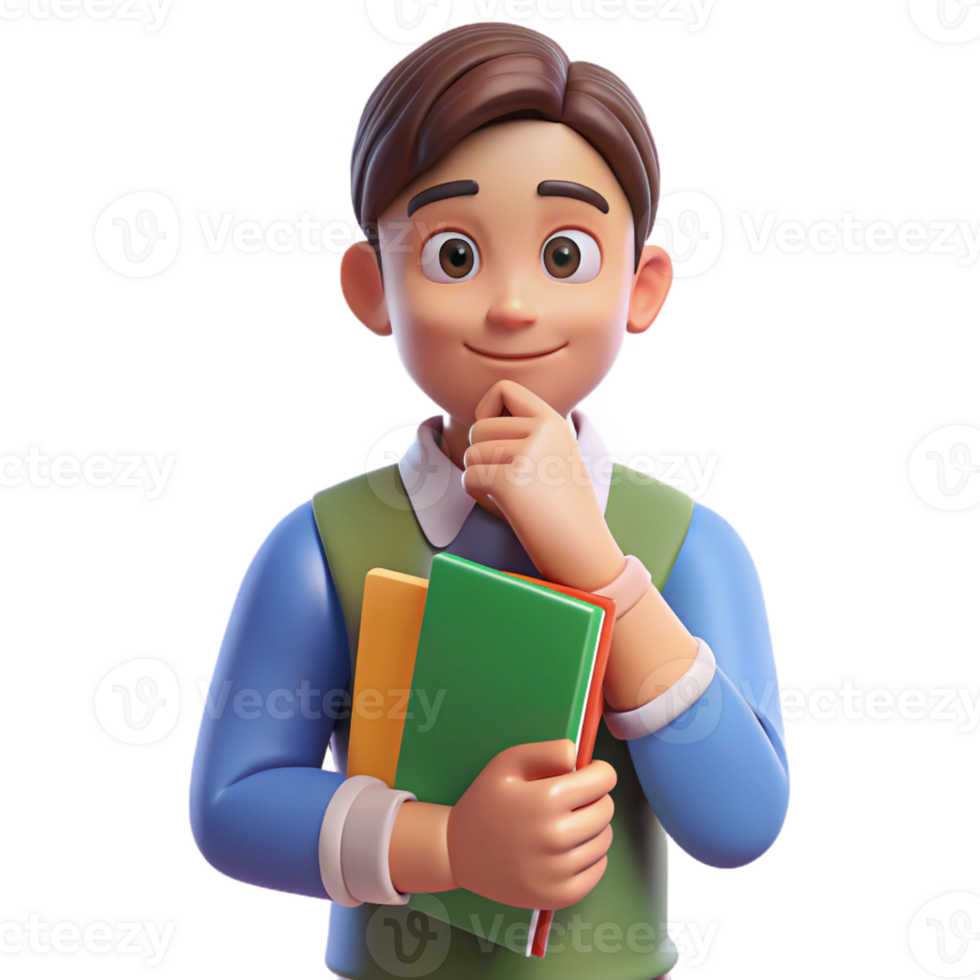 dramatic art deco Thinking student, holding books, with Transparent Background authentic png