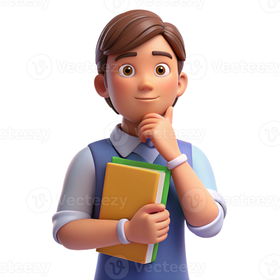 beautiful surreal Thinking student, holding books, with Transparent Background 4K png