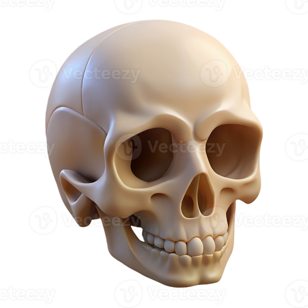 striking whimsical vintage Hyper-specific, professional render of a single, human skull with realistic bone texture, isolated cutout with Transparent Background 8K png