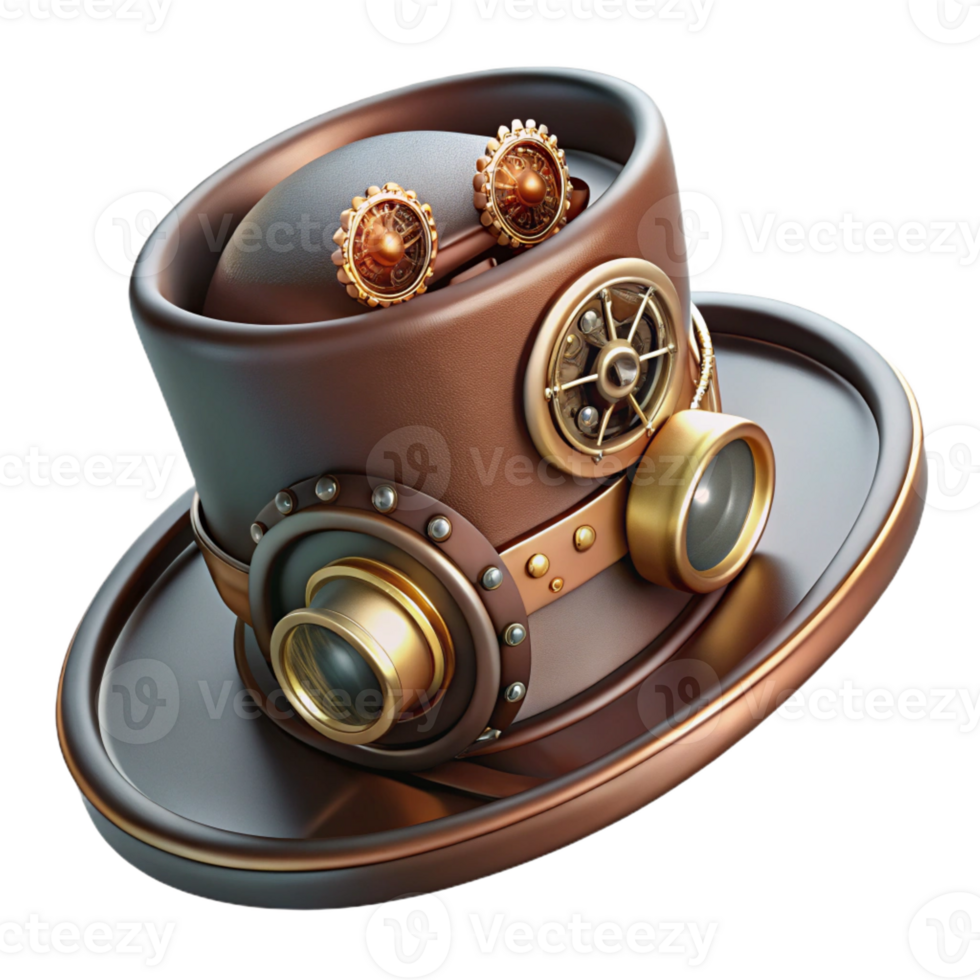 majestic standout Ultra-detailed, photorealistic concept art of a steampunk top hat with intricate clockwork mechanisms and goggles attached Isolated cutout with Transparent Background png