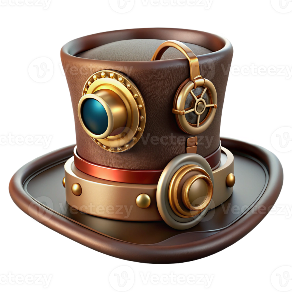nostalgic exquisite Ultra-detailed, photorealistic concept art of a steampunk top hat with intricate clockwork mechanisms and goggles attached Isolated cutout with Transparent Background expertly shot png