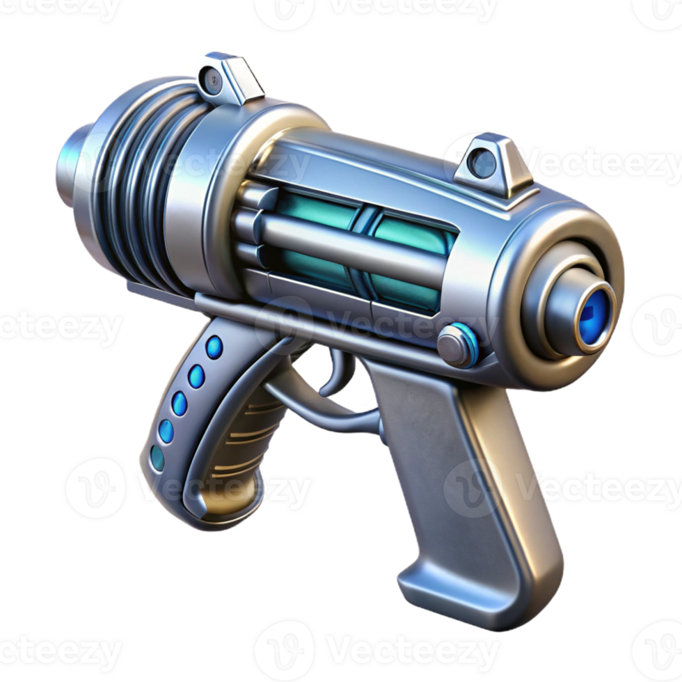 exceptional elegant Concept art style, isolated cutout of a futuristic, chrome-plated, ray gun with intricate engravings with Transparent Background top-tier png
