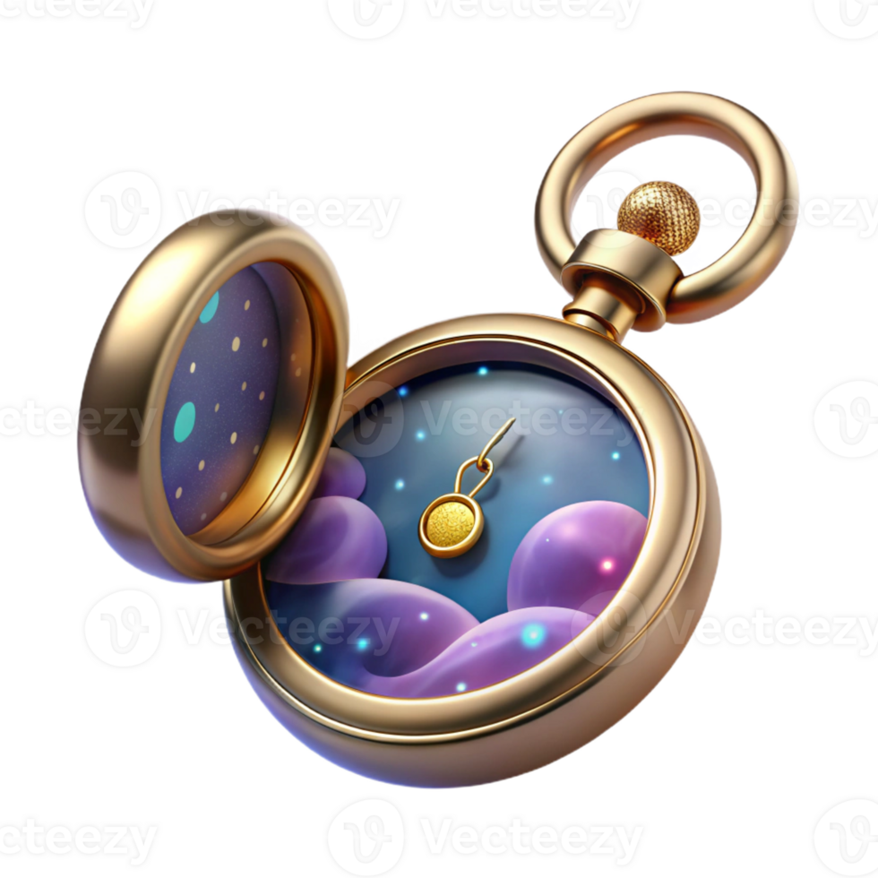 elegant dramatic impressionist Professional render, concept art style, isolated cutout of a floating, antique pocket watch filled with swirling nebulae with Transparent Background fine detail png