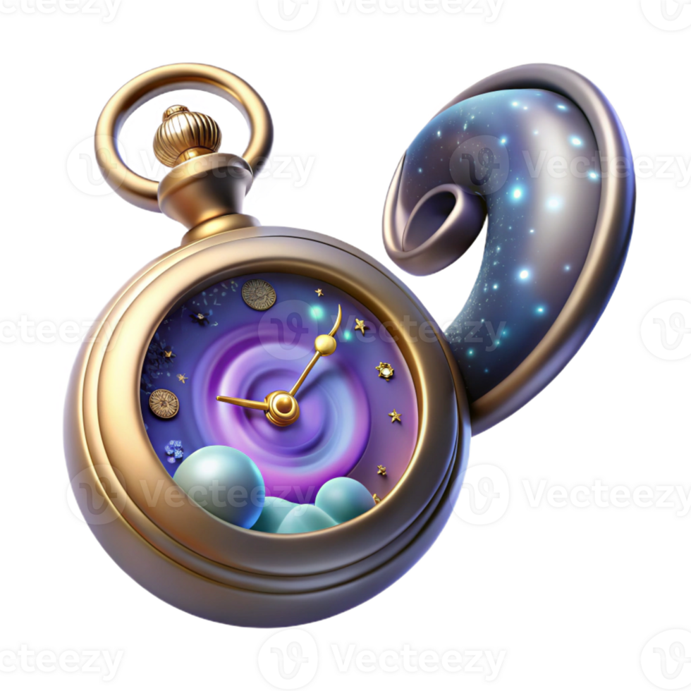 immaculate geometric Professional render, concept art style, isolated cutout of a floating, antique pocket watch filled with swirling nebulae with Transparent Background sharp png