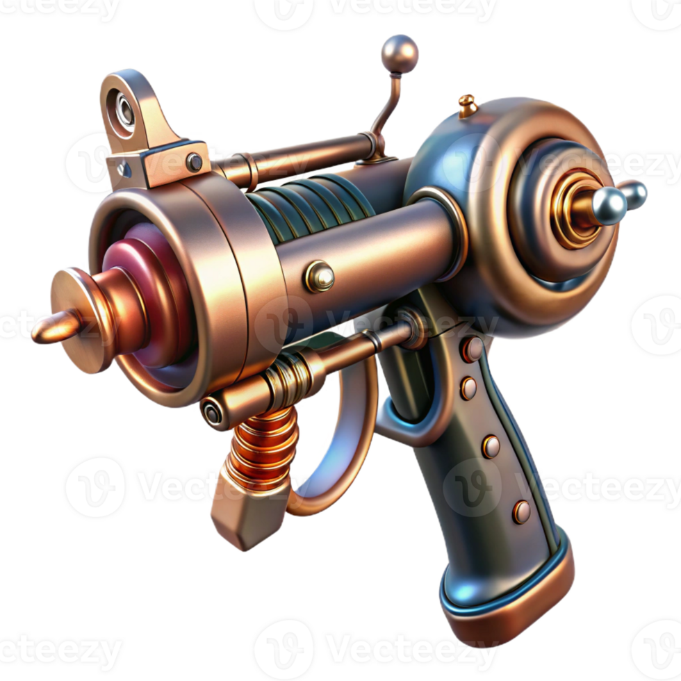 stunning exceptional Isolated cutout, professional render of a steampunk ray gun with copper plating, vacuum tubes, and intricate wiring Hyper-specific, ultra-detailed with Transparent Background png