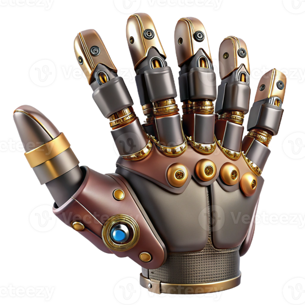 stunning surreal Ultra-detailed, photorealistic professional render of a steampunk robotic hand with articulated fingers and exposed wiring Isolated cutout with Transparent Background gallery standard png